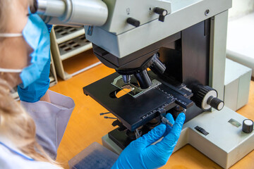 Examine in the laboratory under a microscope. Selective focus.