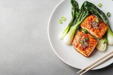 Close up of teriyaki salmon with bok choy sesame scallion and chili on a white plate with chopsticks against a light background Ample text space