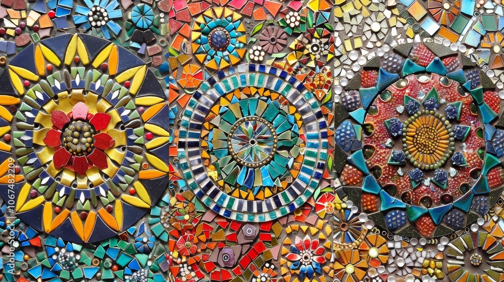 Aufkleber three strikingly vivid mosaic panels showcase floral motifs in circular arrays, bursting with colors