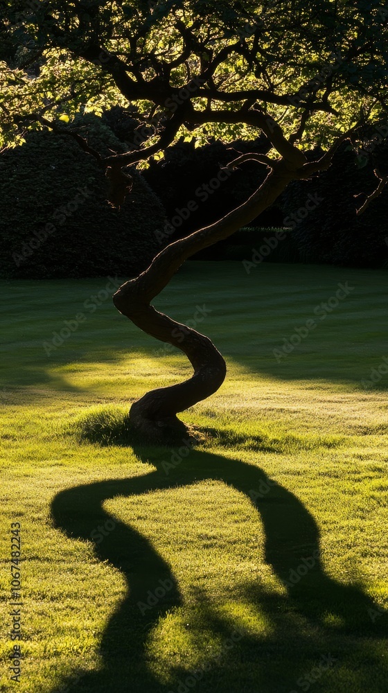 Poster tree with a long trunk casts a shadow on the grass