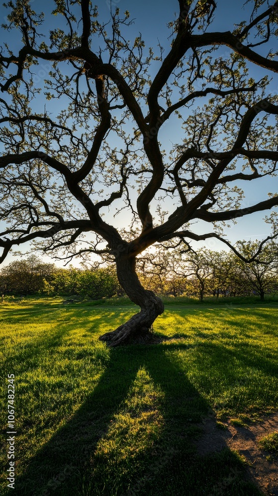 Poster tree with a long trunk and branches is silhouetted against the sky
