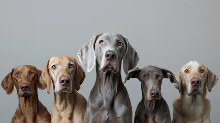 Five diverse dogs, each with their unique coat colors and expressions, are seated side by side against a neutral gray background, showcasing unity and diversity in harmony.