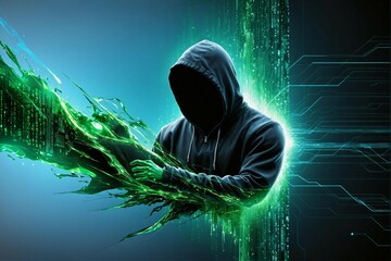 glowing binary code encircling hooded figure for cyber hacking imagery