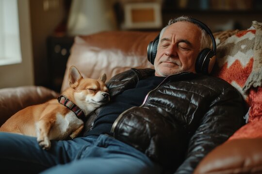 Content older man lounging on couch with headphones in his living room while a senior dog sleeps nearby Wellness leisure relaxation