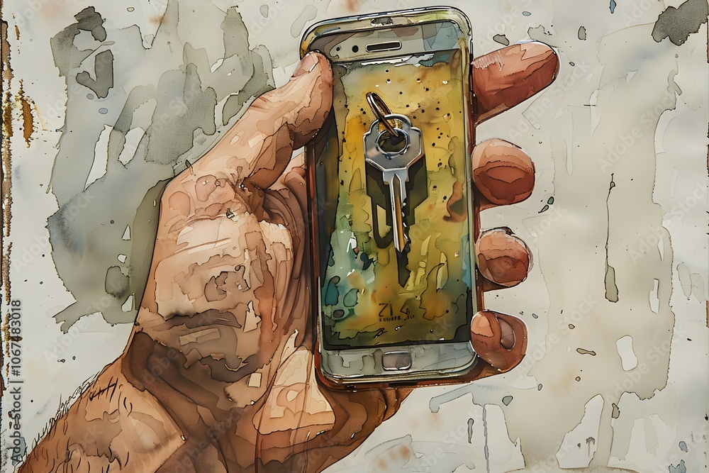 Aufkleber a hand holding a smartphone displaying a key in a unique artistic style
