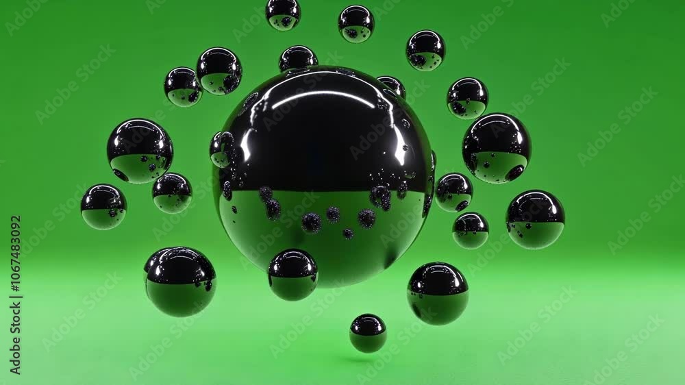 Poster reflective spheres floating against a green screen backdrop, perfect for visual effects editing and 