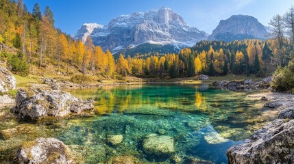 A serene lake surrounded by autumn tree and majestic mountain under a clear blue sky.
