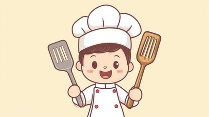 A cheerful cartoon chef dressed in white outfit and hat holds two spatulas, one in each hand, smiling with excitement. Perfect for culinary themes.