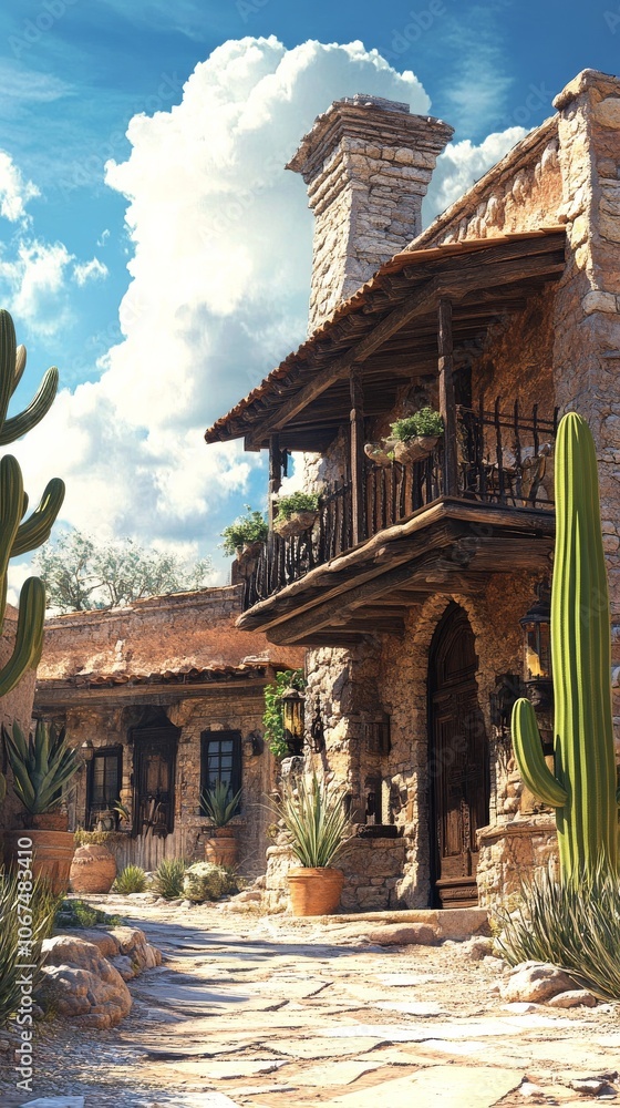 Aufkleber large stone house with a balcony and a row of cacti in front of it