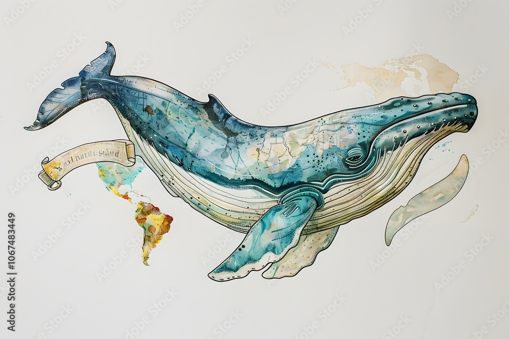 Poster artistic representation of a whale with a world map design