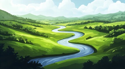 A serene river winds through lush green fields and rolling hills, creating a tranquil landscape and representing peace, nature's beauty, and harmony.
