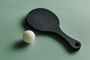 Dark wooden paddle for table tennis and a white ball resting on a green surface - Powered by Adobe