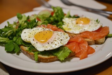 Eggs benedict smoked salmon on toast with a mixed salad