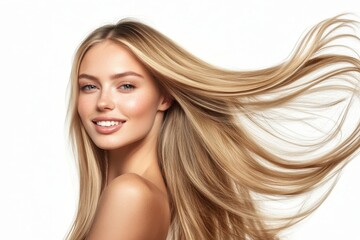 Ecstatic blonde woman with long straight hair and flawless skin set against a gray backdrop in a studio portrait