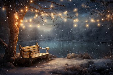 A serene winter scene featuring a wooden bench adorned with glowing lights by a tranquil lake, surrounded by snow-covered trees and a soft snowfall.
