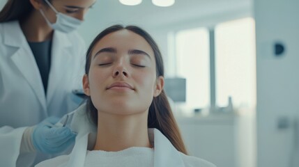Obraz premium Woman with eyes closed in a doctor office, as medical professionals assess her facial features for an aesthetic consultation