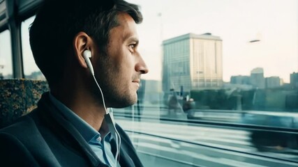man in headphones listening to music in public transport
