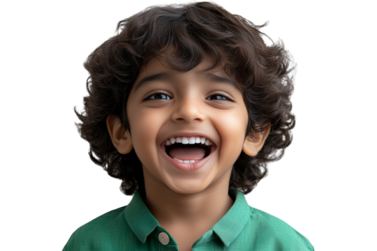 A young Indian boy child with curly brown hair, wearing a green shirt and smiling widely with an open mouth, expressing joy and excitement on an isolated, transparent background