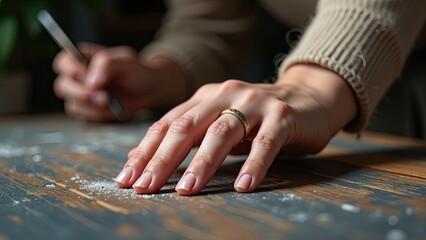 Obraz premium A Close-Up of a Hand With a Ring Gently Brushing Fine Powder on a Rustic Wooden Surface in a Cozy Indoor Setting During Daylight
