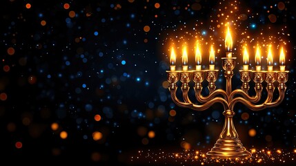 Naklejka premium Hanukkah, dark background with golden Menorah