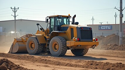 Fototapeta premium Heavy Machinery Grading Soil at a Construction Site Under Clear Blue Skies in the Afternoon Sun