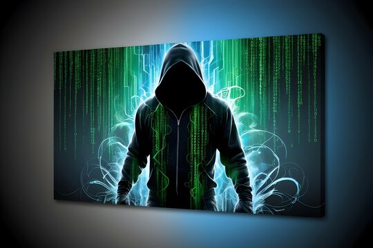 hooded hacker with neon green binary background for cyber world imagery