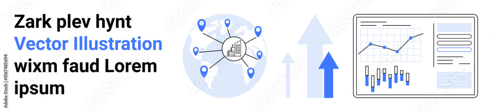 Poster graph with upward trend, map with location markers, two arrows, network of connected nodes. ideal fo