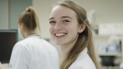 Obraz premium Young female physician smiling professionally, with a colleague behind her in a clinical environment, embodying a supportive healthcare setting