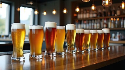 Different Types of Craft Beer Glasses Displayed on a Wooden Bar at a Brewery During Golden Hour