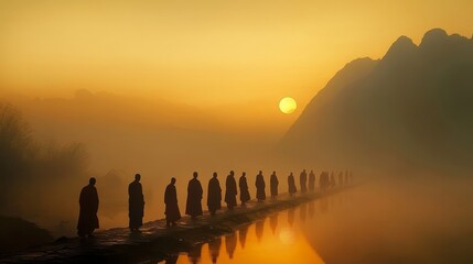 Silhouetted monks walk in a line along a misty path during sunrise, creating a harmonious, almost spiritual scene filled with tranquility and contemplation.