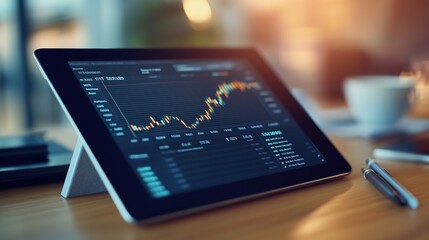 Tablet with stock market graph on office desk.