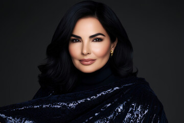 Naklejka premium Woman with long black hair and dark makeup is wearing a black dress. She is wearing a scarf and earrings