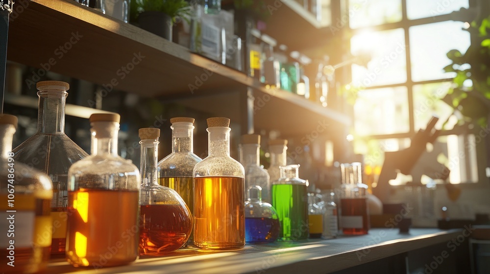 Poster a row of glass bottles filled with colorful liquids on a wooden shelf in a laboratory setting, illum