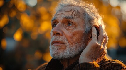 Senior man, listening, and hand on ear: Showing curiosity with a gesture to hear gossip, conversation, or an announcement. An older person with hearing loss or a disability, or a deaf male using his