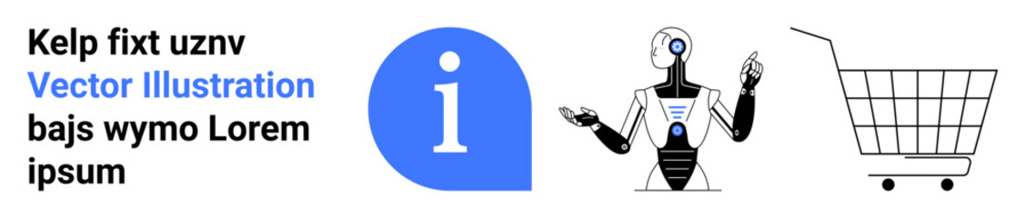 Info graphic with information icon, talking robot, and shopping cart Ideal for e-commerce, artificial intelligence, customer service, online shopping and digital information. Banner for landing page