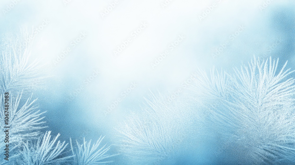 Poster close-up view of a frosted window pane with frozen branches forming intricate patterns. the backgrou