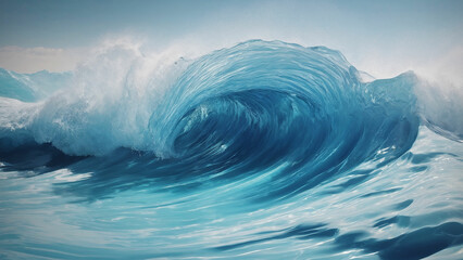 A dynamic ocean wave captured mid-curl, showing the raw power of nature in vibrant blue tones under a clear sky.