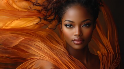 Black woman, art, and fashion: Captured with fabric movement on a dark background, showcasing beauty and aesthetic motion. Flowing silk creates a fantasy and artistic effect, featuring a serious