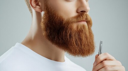 Focused man grooming beard with precision tool, sleek environment, main keyword beard care, concept attention to detail