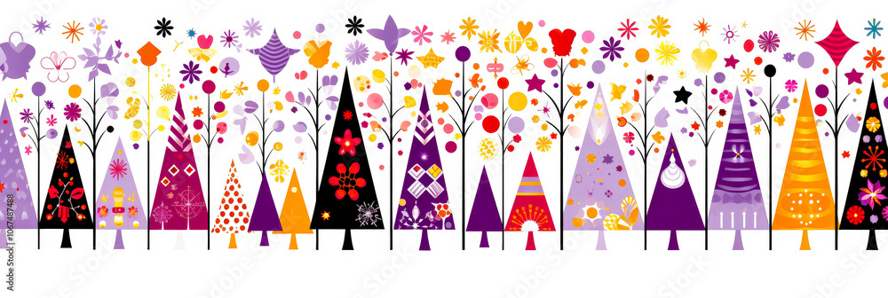 Poster colorful decorative trees with vibrant flowers and shapes in a whimsical design for creative art and