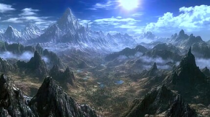 Naklejka premium Breathtaking winter landscape features towering snow-covered mountains under a clear sky. The sun shines brightly, illuminating the serene valleys and glimmering lakes nestled below