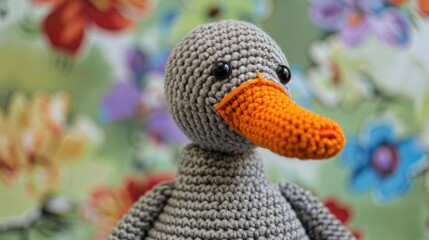 Fototapeta premium This fun crochet duck is characterized by its adorable orange beak, crafted in amigurumi style, with a vibrant floral backdrop enhancing its charm and uniqueness.