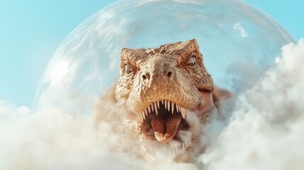 A roaring dinosaur inside a transparent dome, emerging from the surrounding clouds, showcases a...