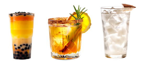 Bubble tea drink that with tapioca pearls and ice, ginger bear ale and sparkling water isolated on white transparent background.