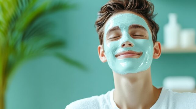 Young man with face mask, relaxation scene, main keyword self-care for men, concept relaxation and rejuvenation