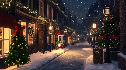 Snowy street scene at night, adorned with festive Christmas lights, decorated trees, and seasonal wreaths, creating a warm and inviting holiday atmosphere.