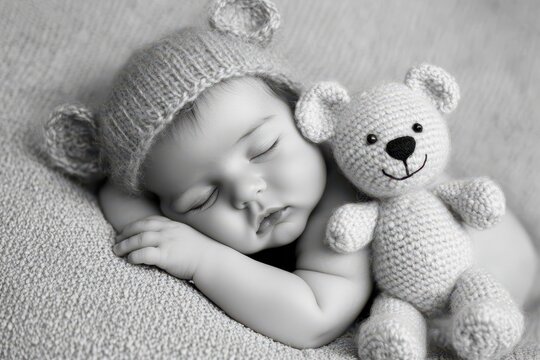 Infant dozes off during teddy bear photoshoot