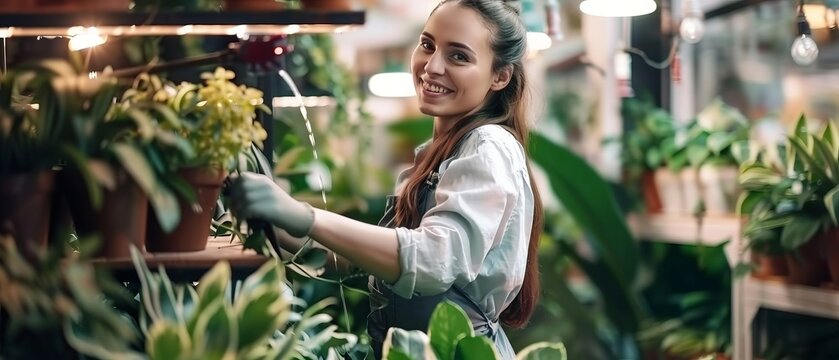 The Joy of Watering: A Beautiful Florist Tends to Plants with Care and Happiness - Powered by Adobe