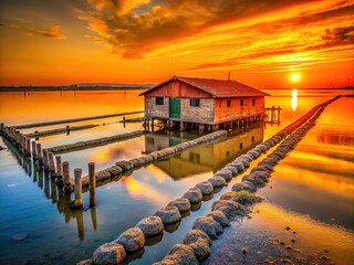 Obraz premium Silent, sun-bleached oyster farm, a forgotten orange ghost on Pellestrina's sands.