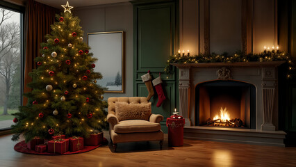 Spacious Living Room with Christmas Tree and Fireplace